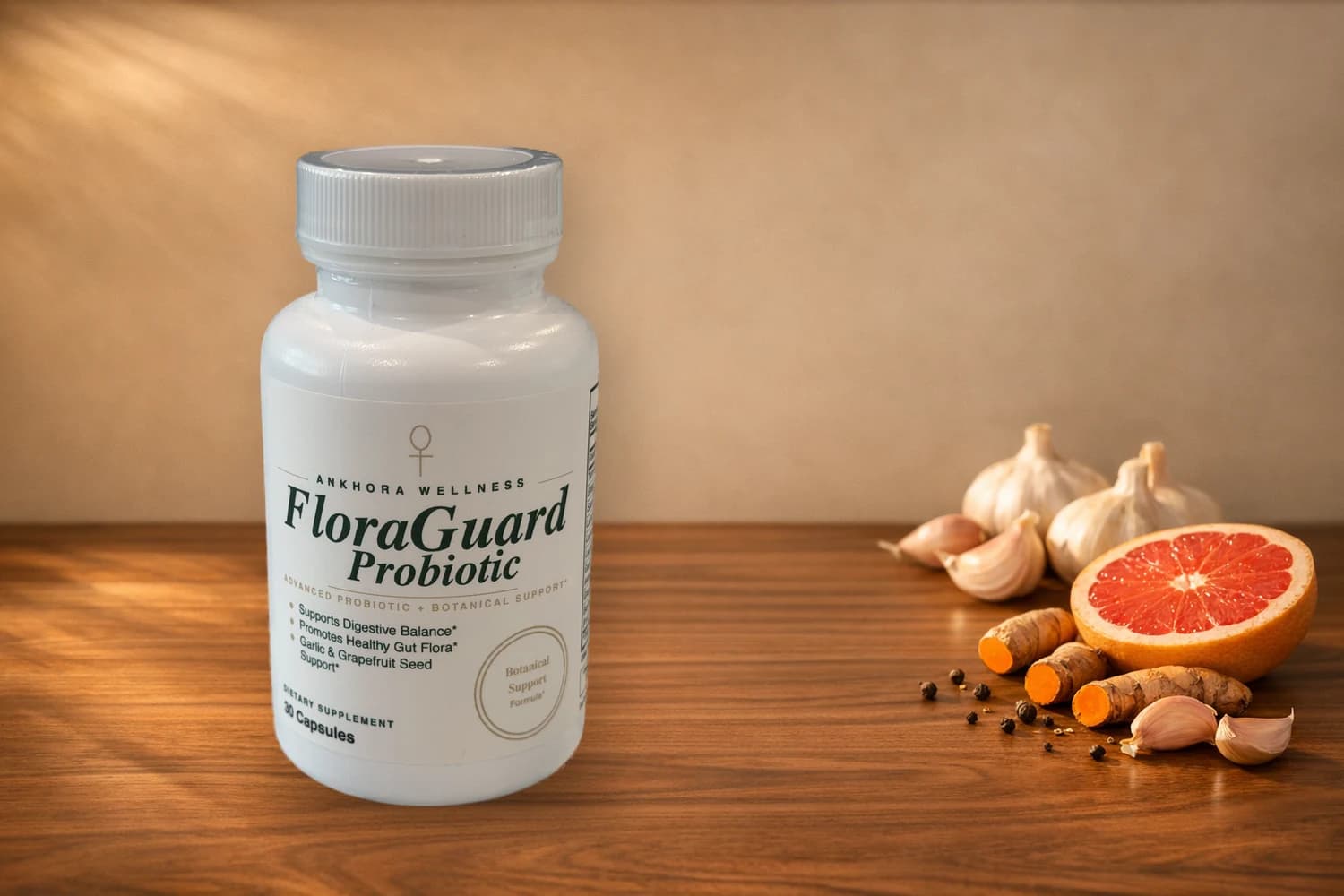 FloraGuard Probiotic bottle with halved grapefruit and botanical elements on warm walnut wood