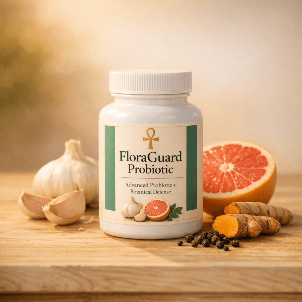 FloraGuard Probiotic bottle with fresh garlic, halved grapefruit, turmeric root, and black peppercorns